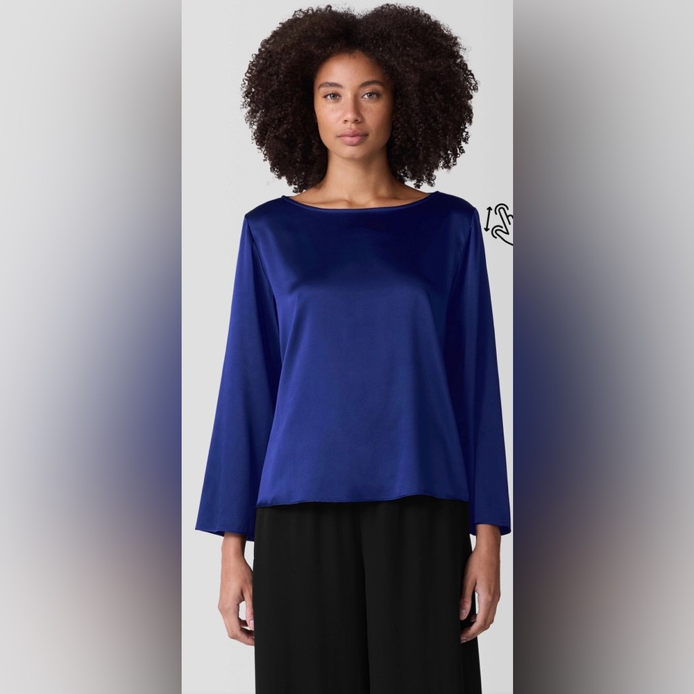 Eileen Fisher Washable Stretch Silk Charmeuse Bateau Neck Royal Blue Top